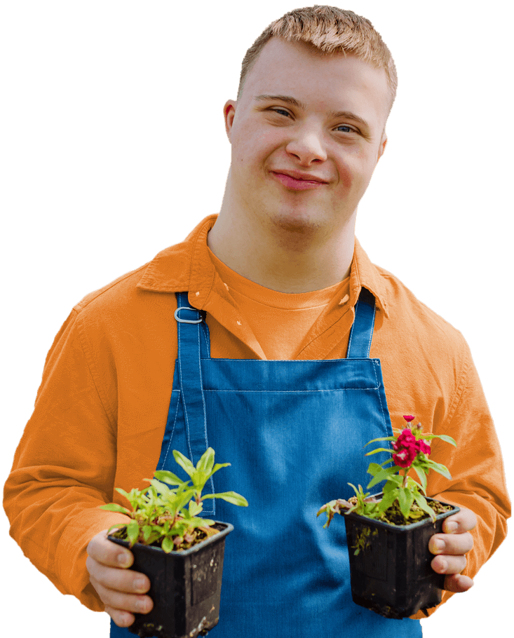 Ember Support Services call to action section, a young man with an orang shirt and blue overalls holding a potted plant in each had.