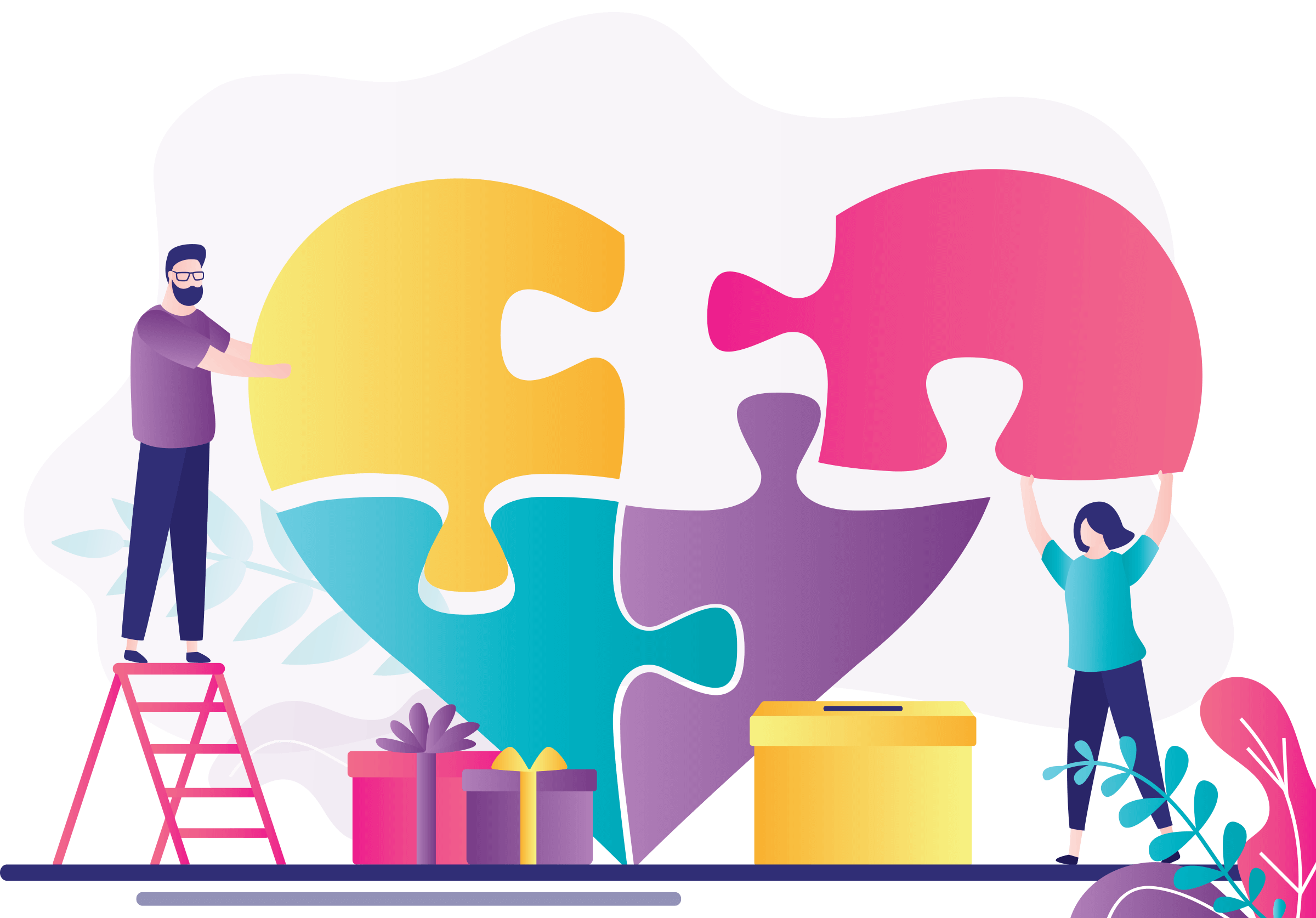 Ember Support Services footer section colourful illustration of a man and woman placing jigsaw puzzle pieces of a love hart into place