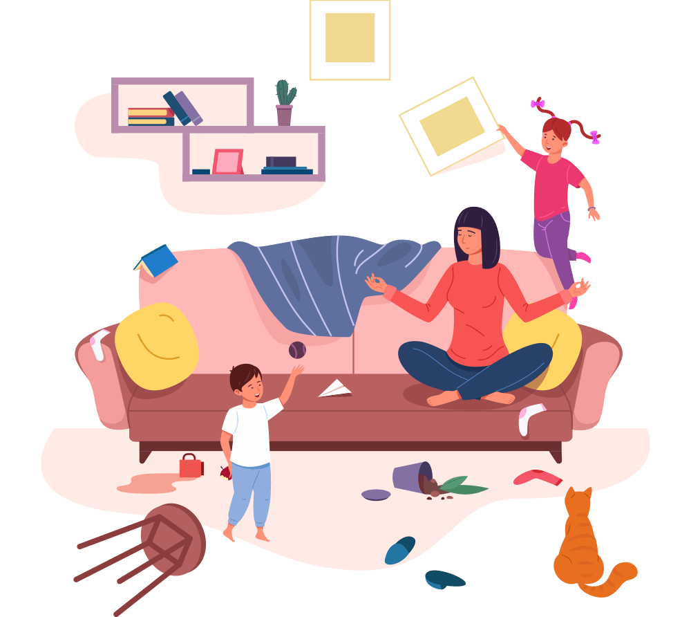 Ember Support Services Ember Support Services - Short-Term Accommodation and Disability Respite page colourful illustration of a Mum sitting on a couch trying to calm herself around two children who are making a real mess.