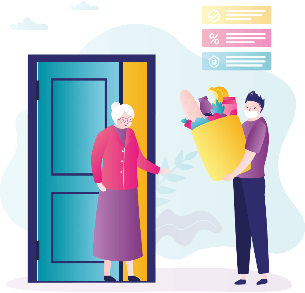 Ember Support Services - In-Home Support Adelaide pages colourful illustration of a young man delivering groceries to an elderly lady who is standing at the front door.